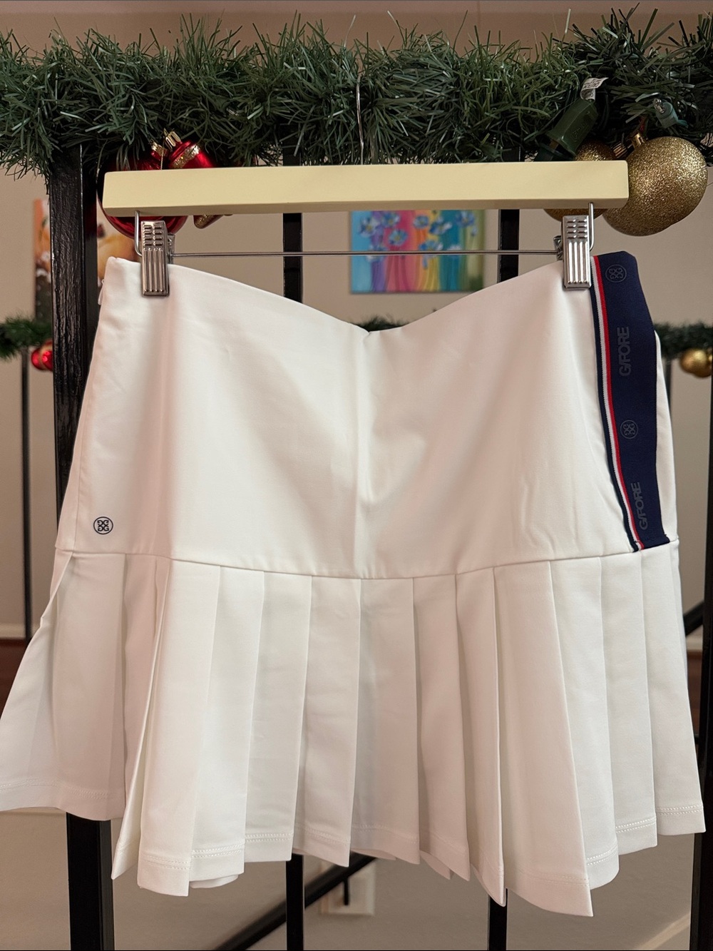 G/FORE White Pleated Tennis Skort with Navy and Red Trim